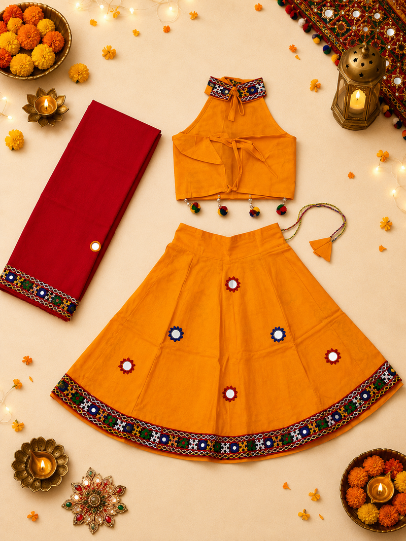Yellow kutch work embroidered cotton mirrorwork chaniya choli set with dupatta