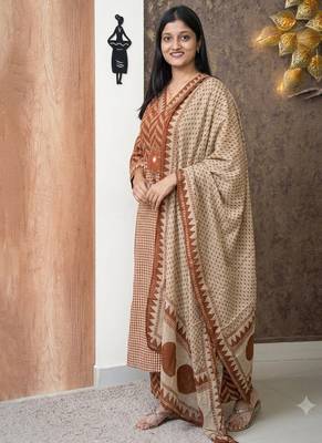 rust & beige block print cotton straight kurta set 3