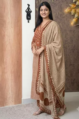 rust & beige block print cotton straight kurta set