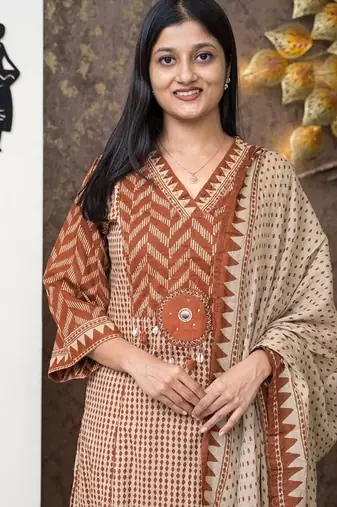 rust & beige block print cotton straight kurta set