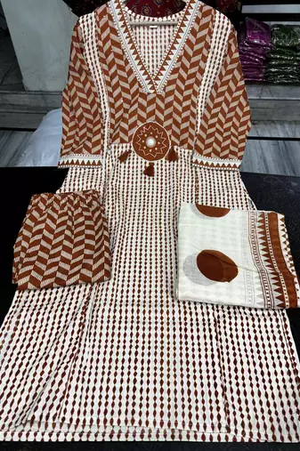 rust & beige block print cotton straight kurta set