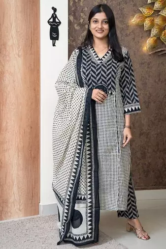 blue and off-white block printed cotton straight kurta set with dupatta