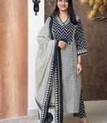 blue and off-white block printed cotton straight kurta set with dupatta