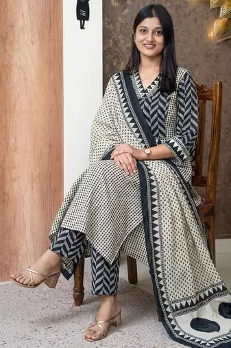 blue and off-white block printed cotton straight kurta set with dupatta