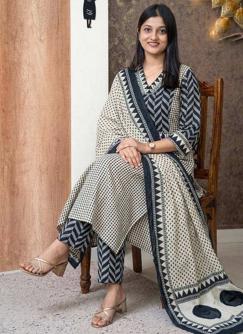 blue and off-white block printed cotton straight kurta set with dupatta
