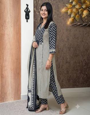 blue and off-white block printed cotton straight kurta set with dupatta 3