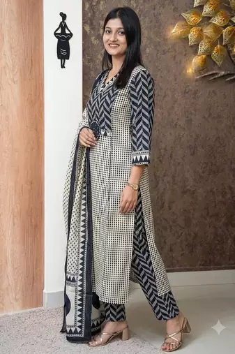 blue and off-white block printed cotton straight kurta set with dupatta