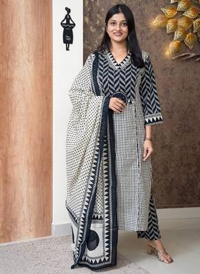 blue and off-white block printed cotton straight kurta set with dupatta 4
