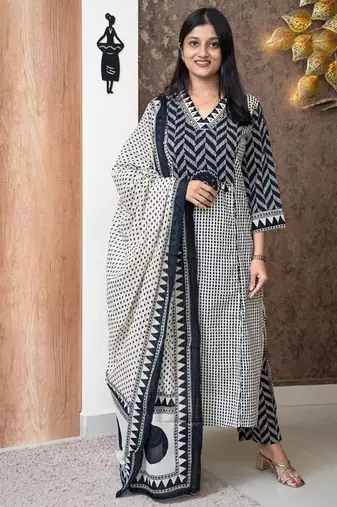blue and off-white block printed cotton straight kurta set with dupatta
