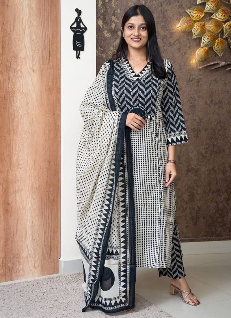 blue and off-white block printed cotton straight kurta set with dupatta