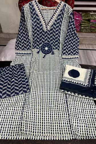 blue and off-white block printed cotton straight kurta set with dupatta