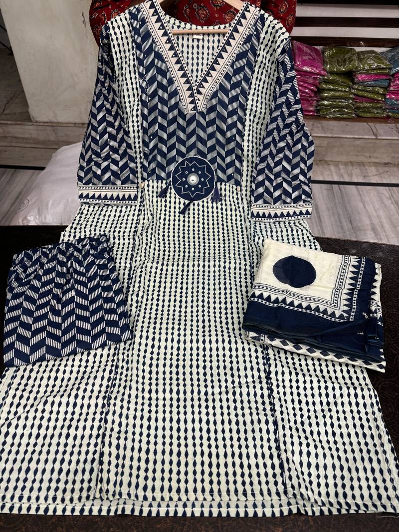 blue and off-white block printed cotton straight kurta set with dupatta