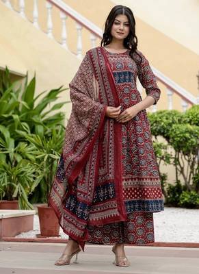maroon ajrakh printed cotton anarkali kurta set 1