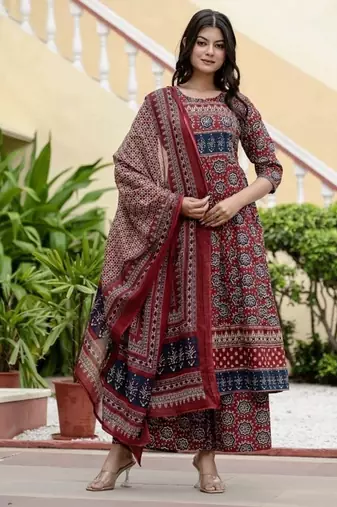 maroon ajrakh printed cotton anarkali kurta set