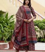 maroon ajrakh printed cotton anarkali kurta set