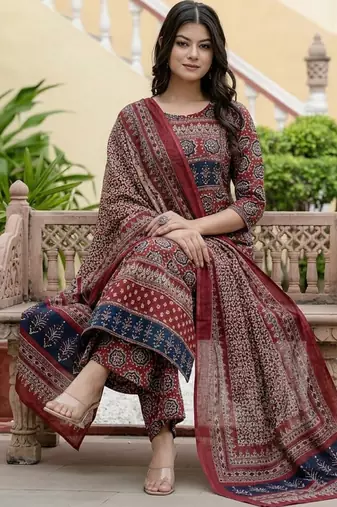 maroon ajrakh printed cotton anarkali kurta set