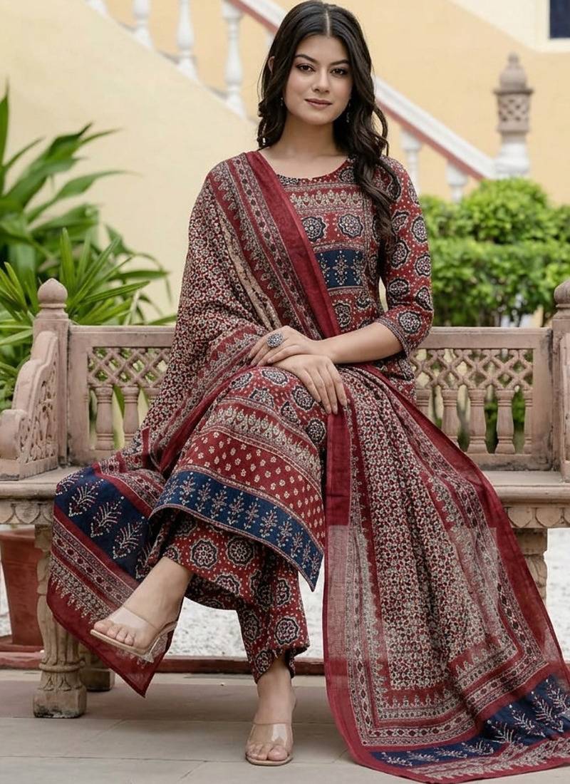 maroon ajrakh printed cotton anarkali kurta set