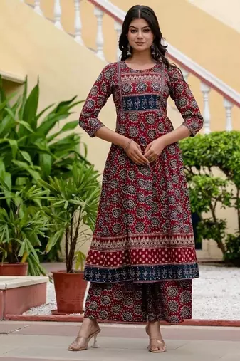maroon ajrakh printed cotton anarkali kurta set