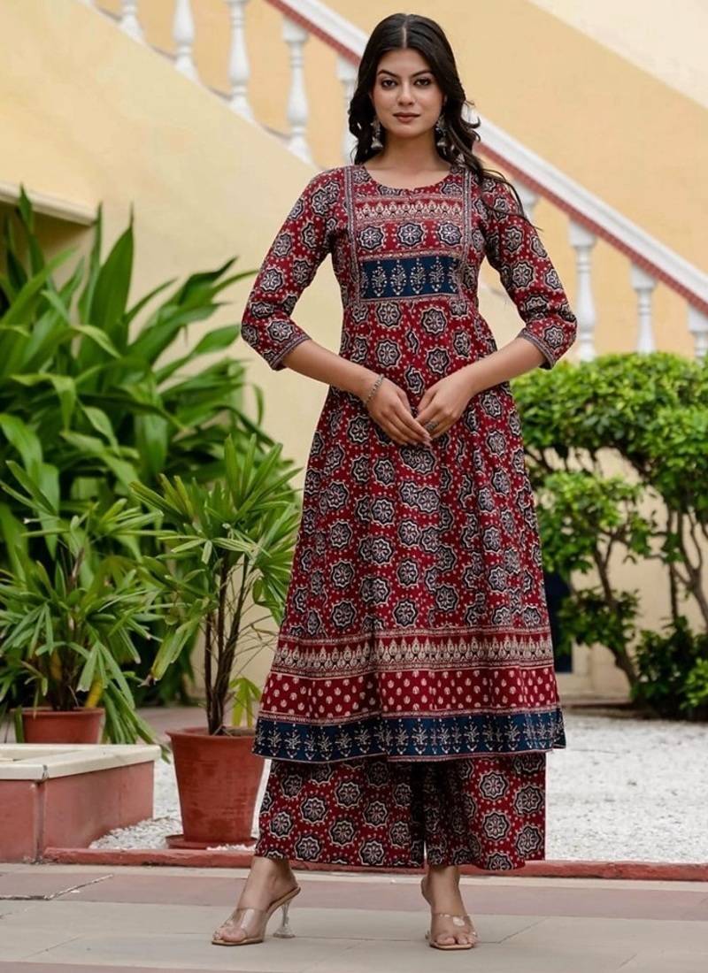 maroon ajrakh printed cotton anarkali kurta set