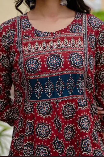 maroon ajrakh printed cotton anarkali kurta set