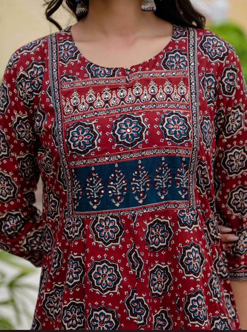maroon ajrakh printed cotton anarkali kurta set