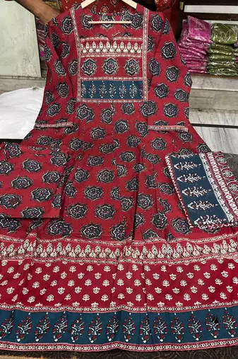 maroon ajrakh printed cotton anarkali kurta set