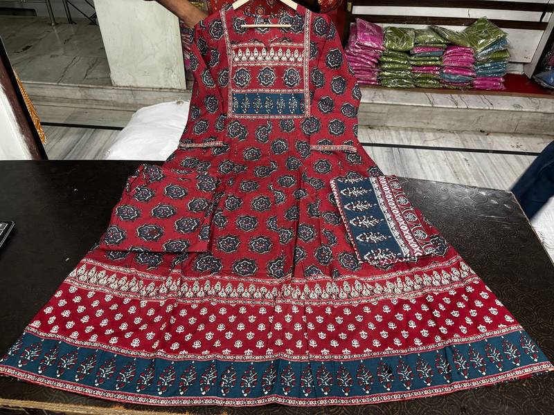 maroon ajrakh printed cotton anarkali kurta set