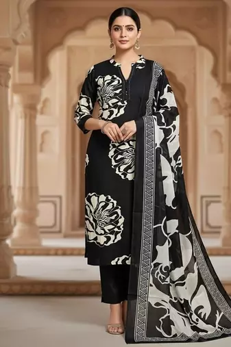 black floral printed cotton straight kurta set with dupatta