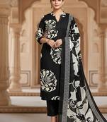 black floral printed cotton straight kurta set with dupatta
