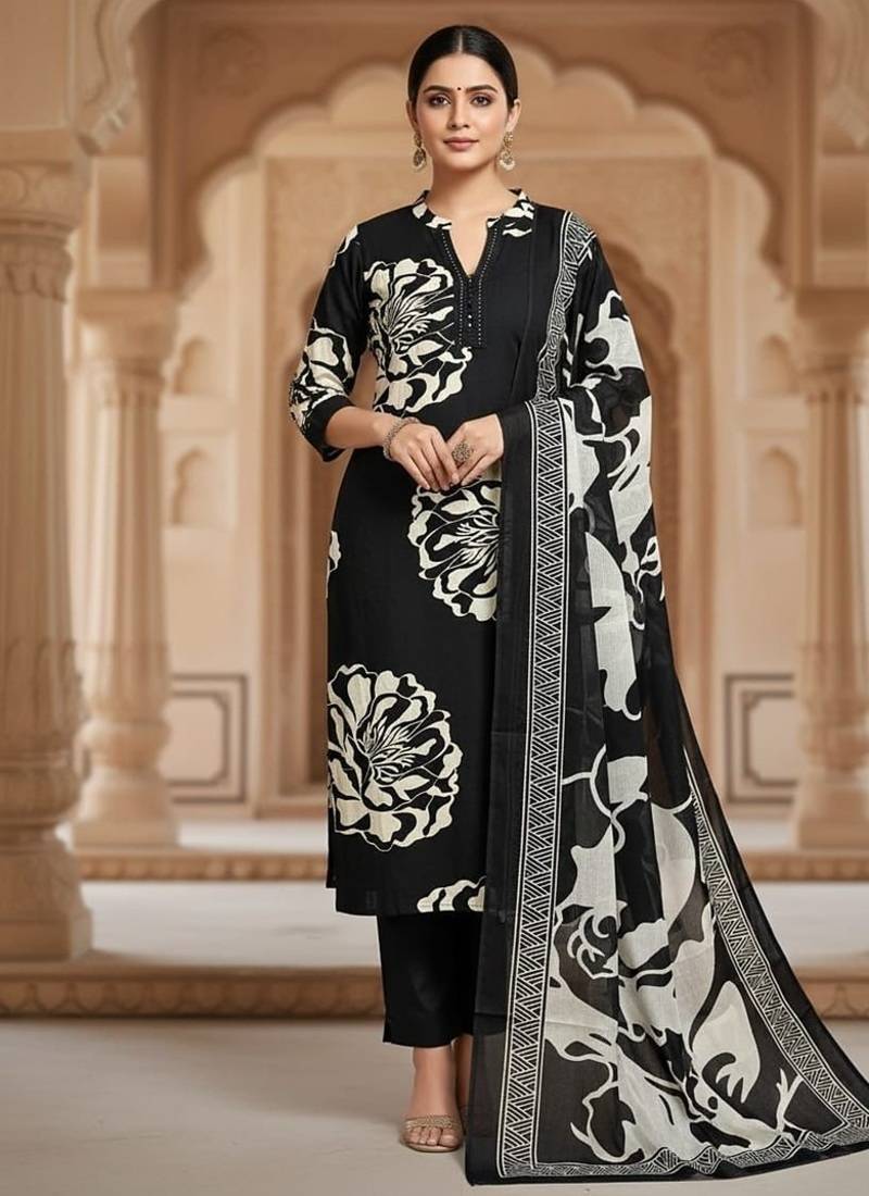 black floral printed cotton straight kurta set with dupatta