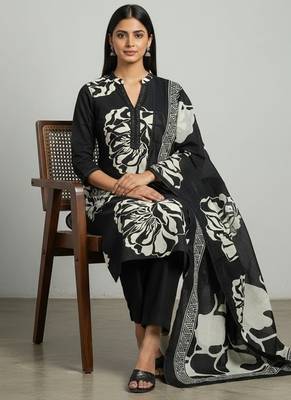 black floral printed cotton straight kurta set with dupatta 2