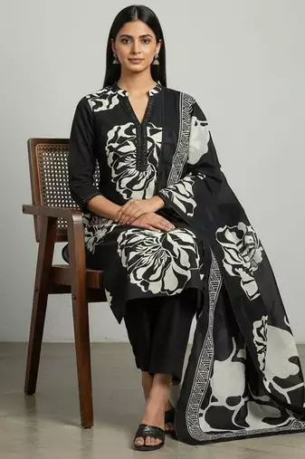 black floral printed cotton straight kurta set with dupatta