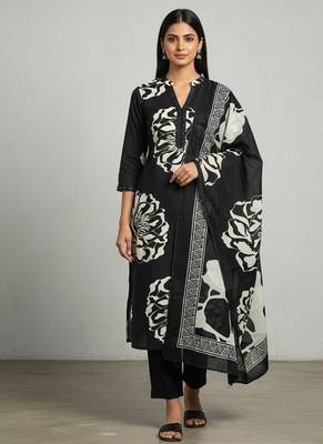 black floral printed cotton straight kurta set with dupatta 3