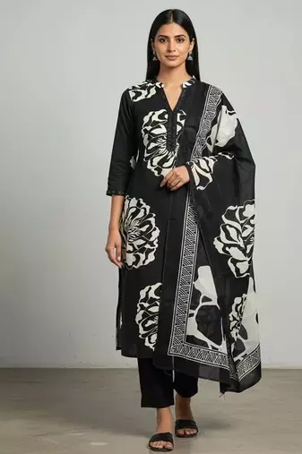 black floral printed cotton straight kurta set with dupatta