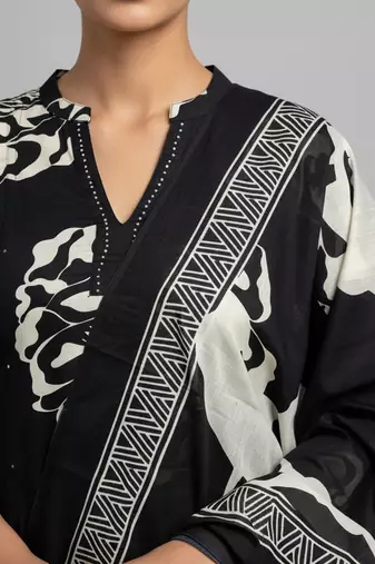 black floral printed cotton straight kurta set with dupatta