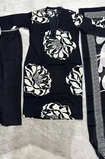 black floral printed cotton straight kurta set with dupatta