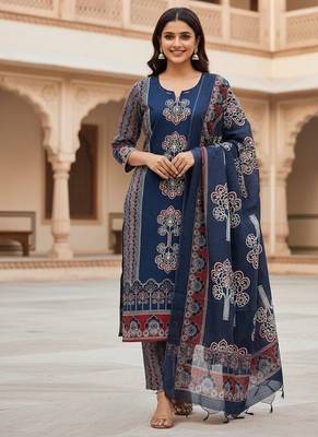 Beautiful jaipuri navy blue panel printed cotton straight kurta pant set with dupatta 1