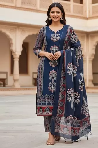 Beautiful jaipuri navy blue panel printed cotton straight kurta pant set with dupatta