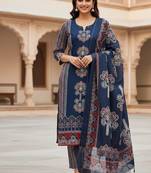 Beautiful jaipuri navy blue panel printed cotton straight kurta pant set with dupatta