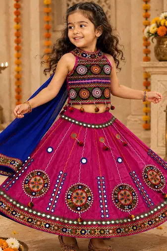 Pink kutch work embroidered cotton mirrorwork chaniya choli set with dupatta