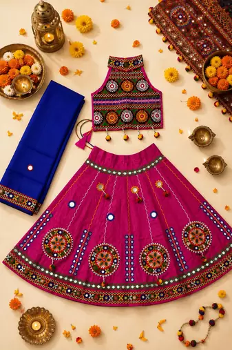 Pink kutch work embroidered cotton mirrorwork chaniya choli set with dupatta