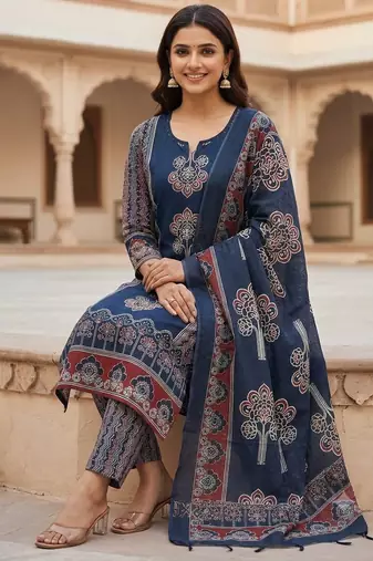 Beautiful jaipuri navy blue panel printed cotton straight kurta pant set with dupatta