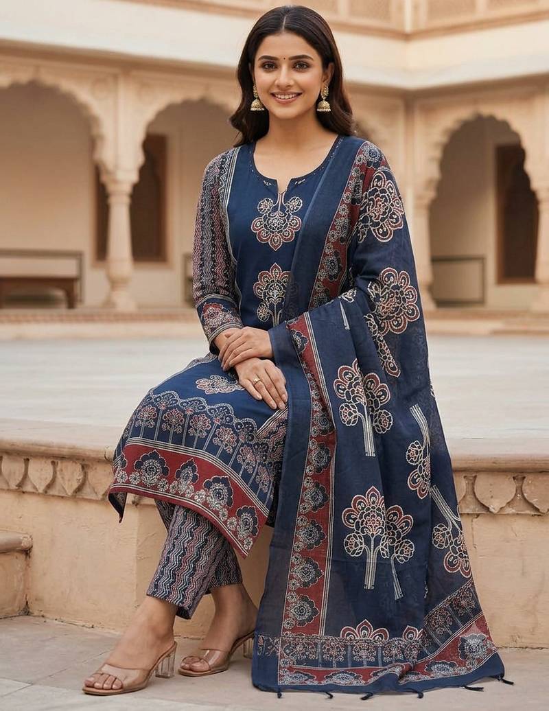 Beautiful jaipuri navy blue panel printed cotton straight kurta pant set with dupatta