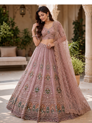 onion pink color Multi Thread and Zari Embroidered work Crystal work net Lehenga Choli set 1