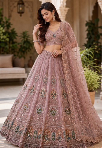 onion pink color Multi Thread and Zari Embroidered work Crystal work net Lehenga Choli set