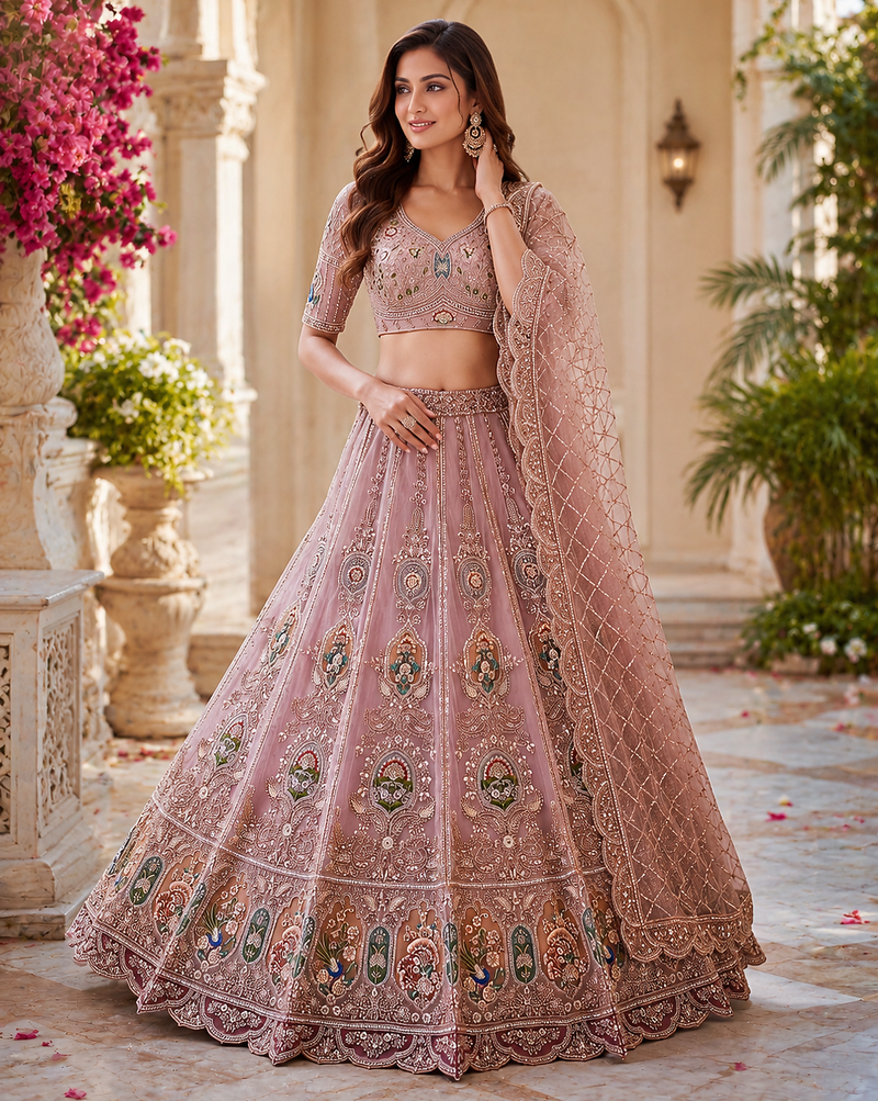 onion pink color Multi Thread and Zari Embroidered work Crystal work net Lehenga Choli set