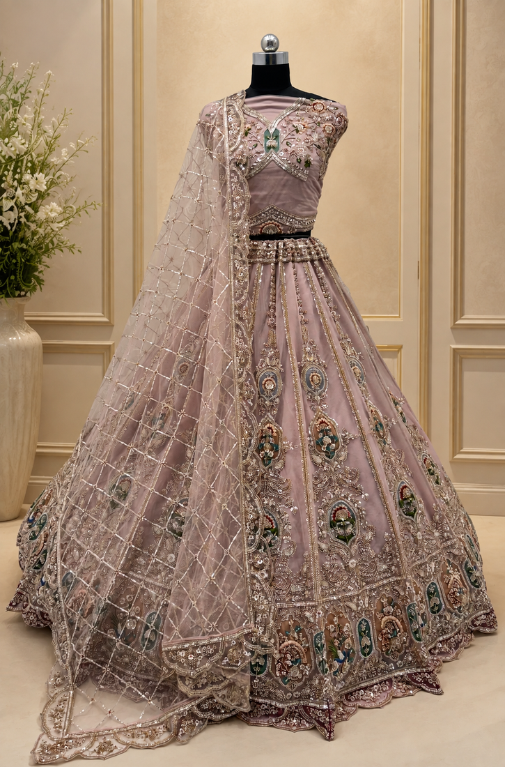 onion pink color Multi Thread and Zari Embroidered work Crystal work net Lehenga Choli set