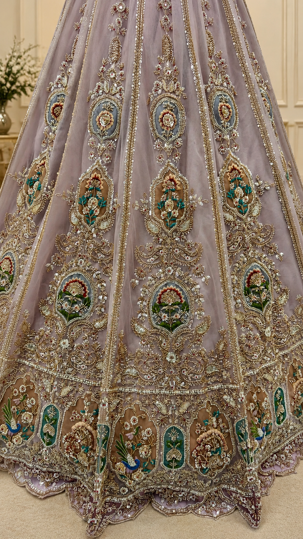 onion pink color Multi Thread and Zari Embroidered work Crystal work net Lehenga Choli set