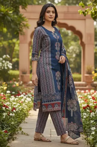 Beautiful jaipuri navy blue panel printed cotton straight kurta pant set with dupatta