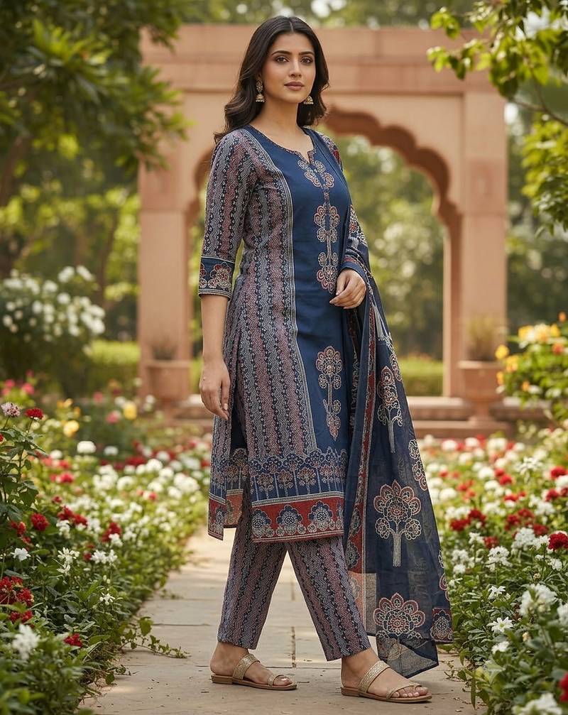 Beautiful jaipuri navy blue panel printed cotton straight kurta pant set with dupatta